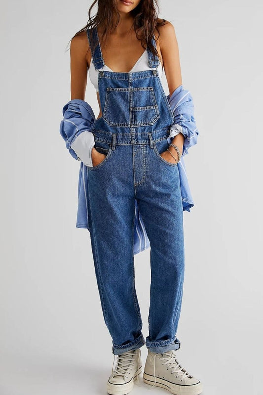 Wide Strap Square Neck Denim Overalls - Trendskart