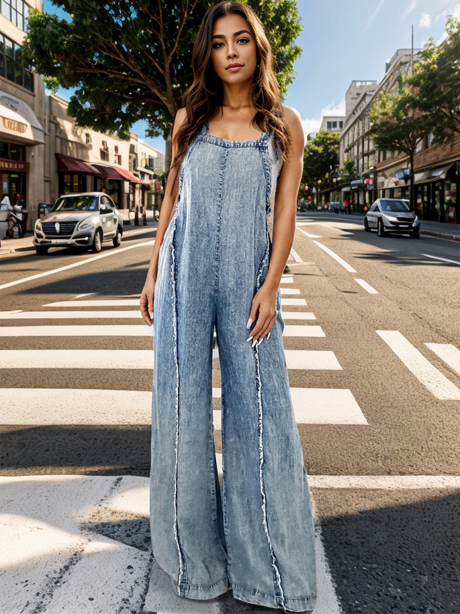 Adjustable Strap Wide Leg Denim Overalls - Trendskart